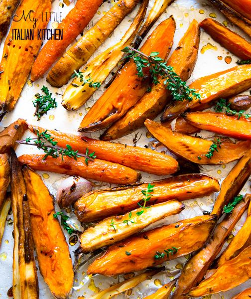 Roasted sweet potatoes and parsnips with honey balsamic glaze